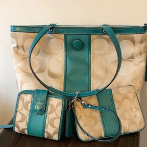Coach signature shopper tote, wallet, wristlet set